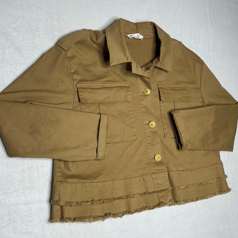 Renuar Tan Utility Style Cropped Jacket Gold Buttons Frayed Hem Size L